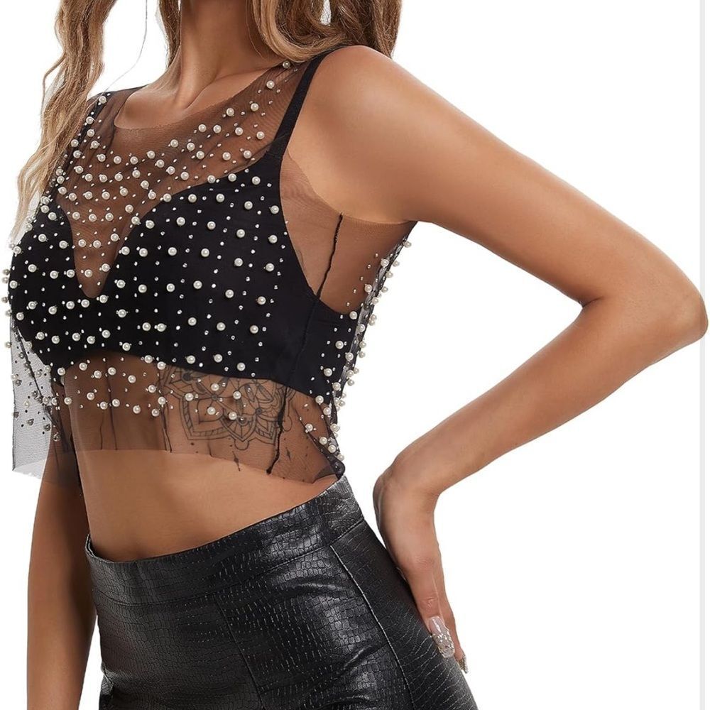 NWT Pearl Top for Women Rhinestone Top Mesh Sheer Shirt Sequin Top Black - Picture 3 of 5
